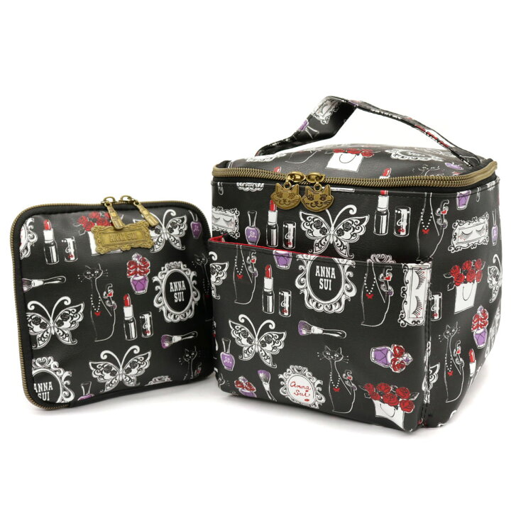 楽天市場 新品同様 Anna Sui アナスイ ローソン限定 バニティ ミニポーチ2点セット Black 黒 ブラック コスメ柄 小物 化粧品入れ 収納 Pvc レディース 鞄 中古 リサイクル ティファナ