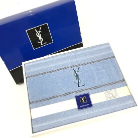YvesSaintLaurent イヴサンローラン タオルケット 箱付き 140×190cm ブルー 綿95%以上 YSLロゴ刺繍 ヴィンテージ ユニセックス 【中古】