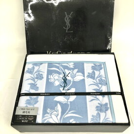 YvesSaintLaurent(YSL) イヴサンローラン 綿毛布 箱付 美品 140×200 ライトブルー 綿 ロゴ刺繍 花柄 ユニセックス 泰道リビング 【中古】