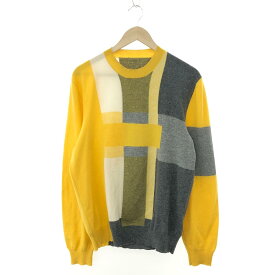 HERMES エルメス 長袖ニット サイズ:表記無し グレー/イエロー カシミヤ100％ メンズ 総柄 クルーネック トップス 【中古】