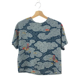 詩仙堂 シセンドウ ちりめん 和柄 総柄 半袖カットソー ブラウス 良好 ネイビー レディース トップス 【中古】