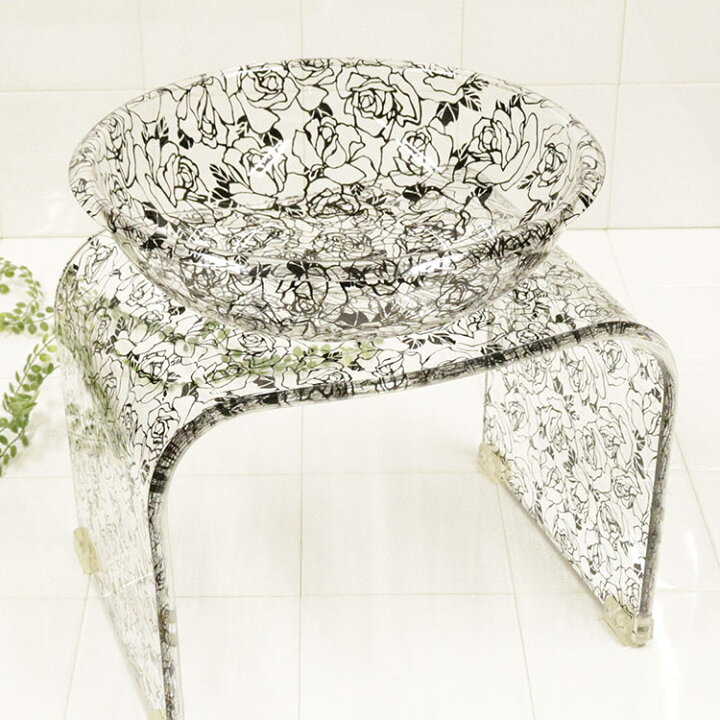 楽天市場 バスチェア セット アクリル 風呂椅子 洗面ボウル 大 セット 送料無料 おしゃれ ブラックローズ 洗面器 風呂イス 花柄 姫系 バラ柄 バス用品 風呂用品 薔薇雑貨のヒーリングローズ Re