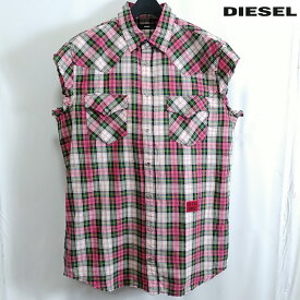 ディーゼル DIESEL シャツ 半袖 ノースリーブ メンズ チェック ウエスタン Lサイズ ピンク S-EASTIN