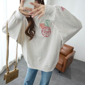 【1/23(金)12時まで2998円！】 『可愛い刺繍』 トップス レディース スウェット トレーナー カットソー チュニック ロゴ 刺繍 ワンポイント プリント トレンド 30代 40代 50代 春 冬 秋冬 カジュアル 長袖 春服 用 大きいサイズ ゆったり 袖 ゆる 柄 黒 ra62223