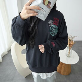 【2/12(木)12時までクーポンで2997円!!】 『可愛い刺繍』 トップス レディース スウェット トレーナー カットソー チュニック ロゴ 刺繍 ワンポイント プリント トレンド 30代 40代 50代 春 冬 秋冬 カジュアル 長袖 春服 用 大きいサイズ ゆったり 袖 ゆる 柄 黒 ra62223