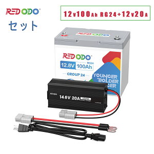 Redodo �y�Z�b�g�z12V 100Ah Group24 �����_�S���`�E���C�I���o�b�e���[ 1280Wh 14.6V 20A �����_�S���`�E���C�I���o�b�e���[��p�[�d�� �}���[�d LiFePO4�o�b�e���[�`���[�W���[ �A���_�[�\���R�l�N�^