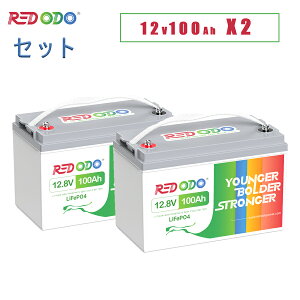 Redodo 2�Z�b�g 12V 100Ah �����_�S���`�E���C�I���o�b�e���[ 1280Wh 10�N���� �[���d�T�C�N��4000��ȏ� LiFePO4 BMS�ی� �e�ʊg�� �Ԓ��� �I�t�O���b�h �h�Б΍� �\�[���[�V�X�e�� PSE�K��