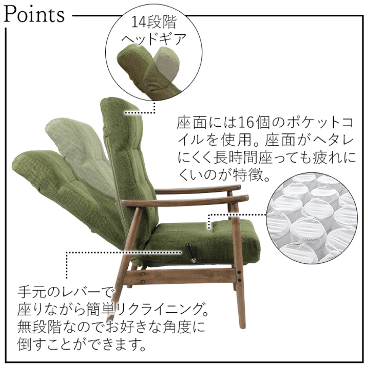 楽天市場】形姿が美しいリクライニングチェア グリーン W61×D66-105