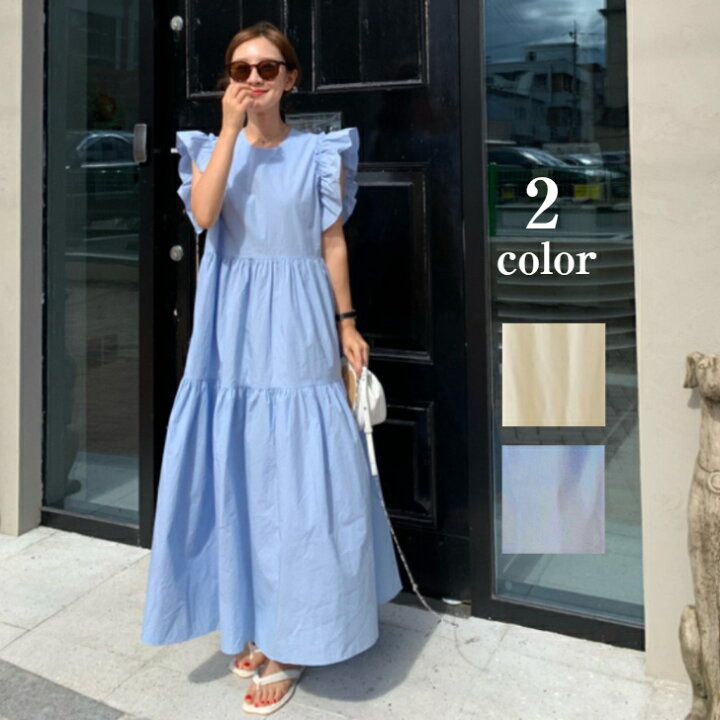 楽天市場】袖フリルノースリーブフレアロングワンピースティアード  