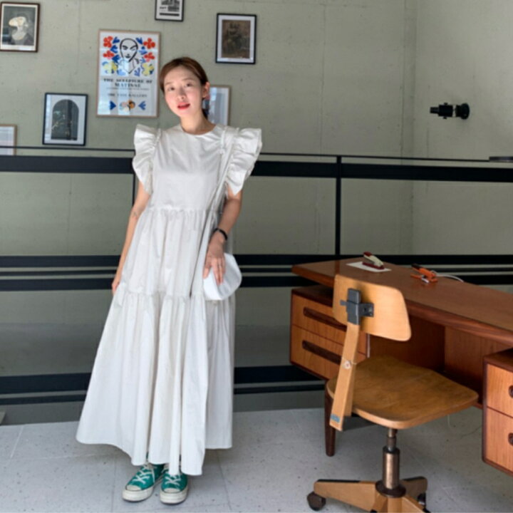 楽天市場】袖フリルノースリーブフレアロングワンピースティアード 