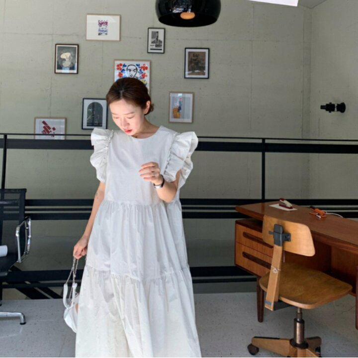 楽天市場】袖フリルノースリーブフレアロングワンピースティアード  