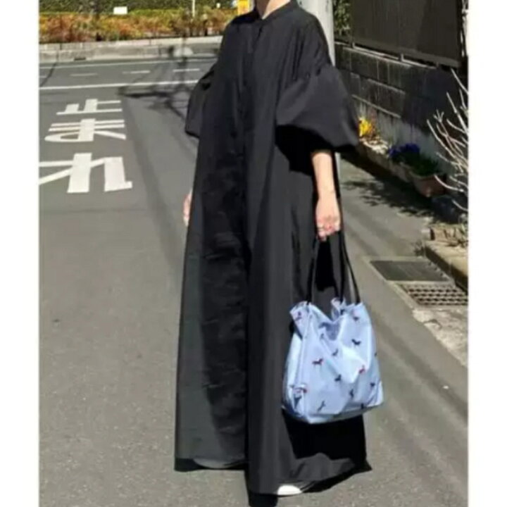 楽天市場】ランタンスリーブノーカラーフレアロングワンピースシャツ 