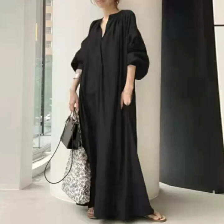 楽天市場】ボリュームスリーブキーネックロングワンピースシャツ  