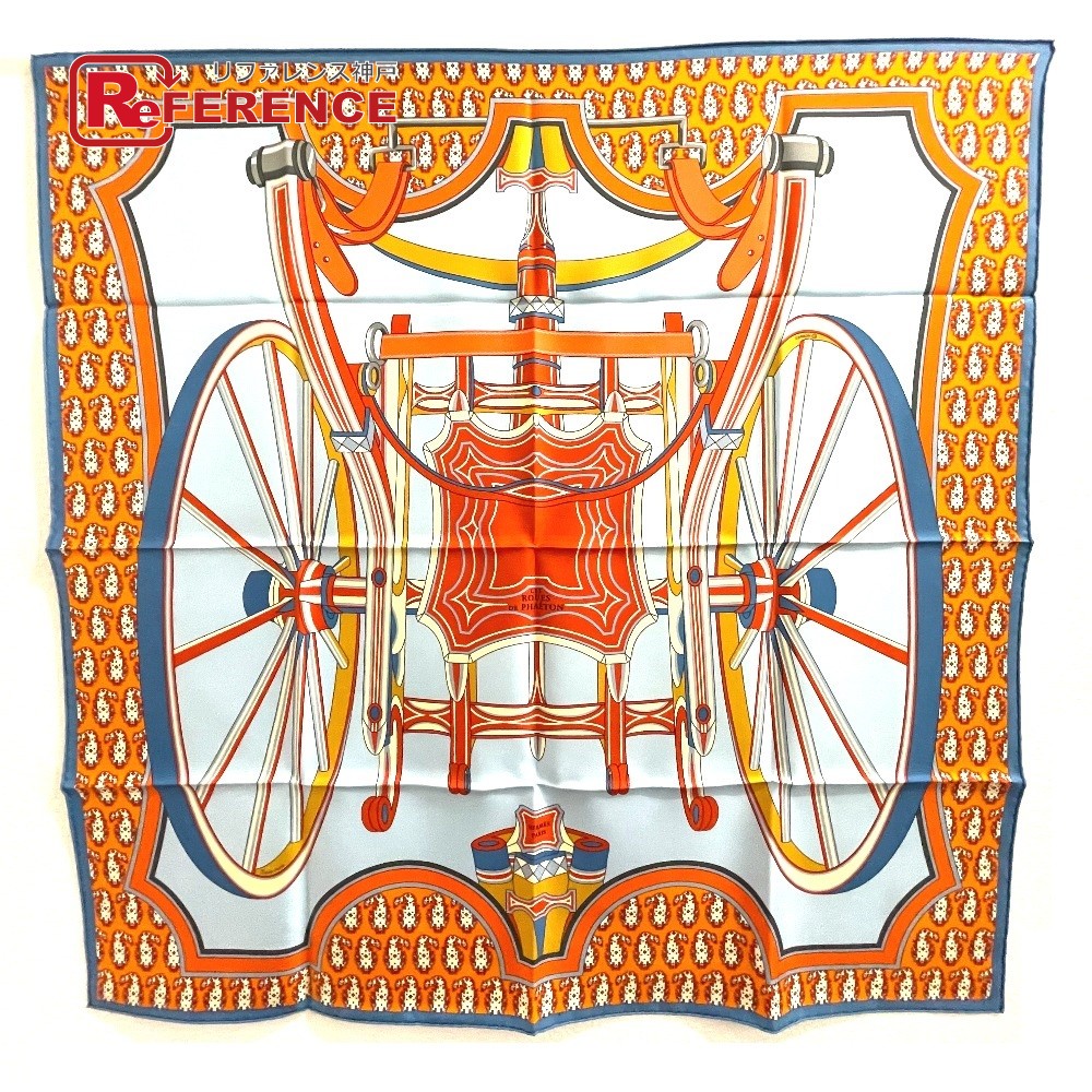 注目HERMES エルメス  Les Roues de Phaeton スカーフ カレ90 四輪馬車の車輪 スカーフ シルク  レディース オレンジ×ブルー 未使用 