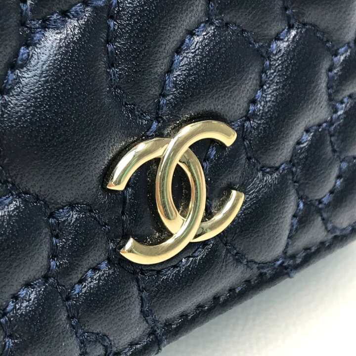 シャネル ココマーク コンパクト ミニ カメリア No.5 レザー ネイビー 