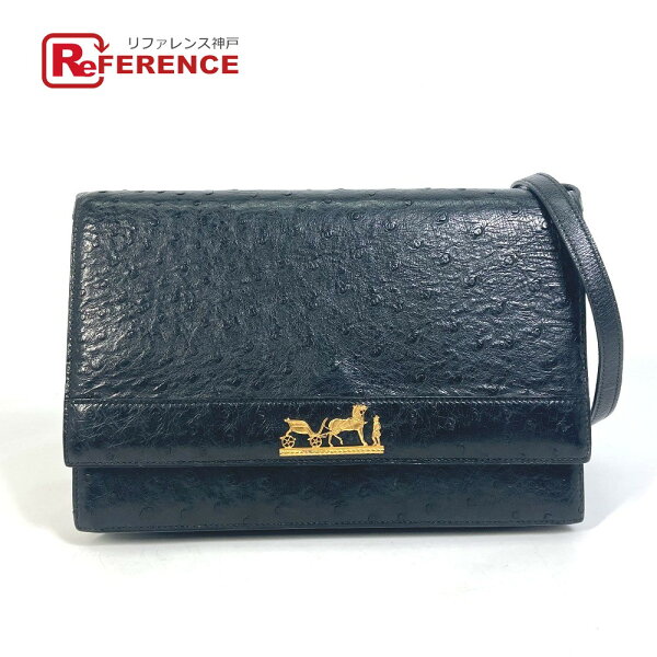 HERMES エルメス  馬車金具 斜め掛け ユージェニー  2WAYバッグ クラッチ ヴィンテージ ショルダーバッグ オーストリッチ  レディース ブラック 【中古】