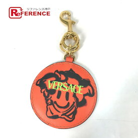 VERSACE ヴェルサーチ ロゴ ラウンド バッグチャーム キーホルダー レザー レディース オレンジ 未使用 【中古】