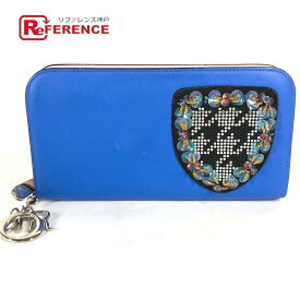 Dior ディオール ロングウォレット ビジュー ラインストーン ラウンドファスナー 長財布 レザー レディース ブルー 【中古】