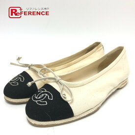 CHANEL シャネル ココマーク エスパド リボン バイカラー フラット 靴 シューズ パンプス キャンバス レディース ホワイト 【中古】