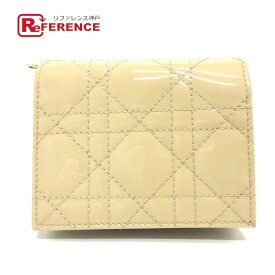 Dior ディオール カナージュ レディディオール LADY DIOR ミニウォレット コンパクト 二つ折り財布 財布 ウォレット 2つ折り財布 エナメル レディース ベージュ 未使用 【中古】
