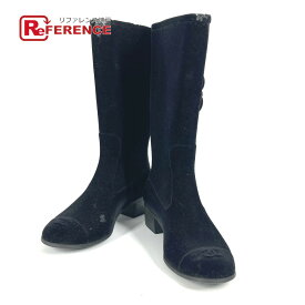 CHANEL シャネル カメリア CC ココマーク ロゴ レインブーツ 長靴 ロング 雨 靴 シューズ レインシューズ ベロア レディース ブラック 【中古】