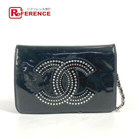 CHANEL シャネル 長財布 CC ロゴ ココマーク ラインストーン チェーンウォレット 斜め掛け カバン ポシェット ショルダーバッグ パテントレザー レディース ブラック 【中古】