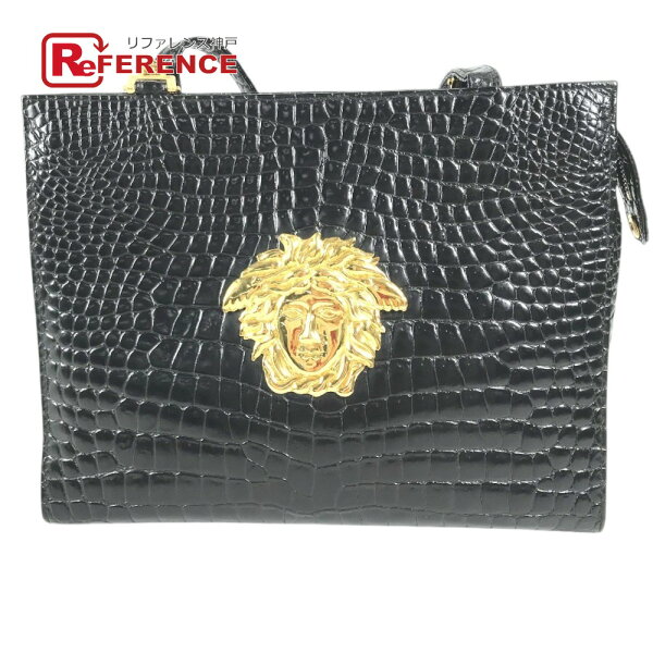 VERSACE ヴェルサーチ  ビッグ メデューサ ロゴ グレカ カバン トートバッグ 肩掛け チェーン ショルダーバッグ 型押しレザー  ユニセックス ブラック 【中古】