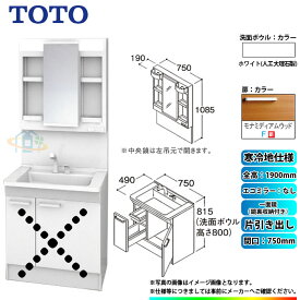 ★[LDPB075BJGES2F+LMPB075A4GDG1G] TOTO 洗面台セット 間口750 片引き出し 寒冷地 扉：モナミディアムウッド 一面鏡（鏡裏収納付き） H1900 エコミラーなし