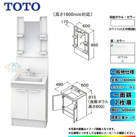 【楽天リフォーム認定商品】 [LDPB060BAGEN2A+LMPB060B1GDG1G+KOJI] TOTO 洗面台セット 間口600 2枚扉 一般地 一面鏡 H1800 エコミラーなし 標準工事セット 工事費込み