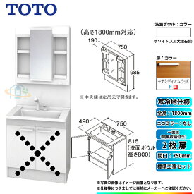 【楽天リフォーム認定商品】 [LDPB075BAGES2F+LMPB075B4GDG1G+KOJI] TOTO 洗面台セット 間口750 2枚扉 寒冷地 扉：モナミディアムウッド 一面鏡（鏡裏収納付き） H1800 エコミラーなし 標準工事セット 工事費込み