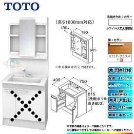 【楽天リフォーム認定商品】 [LDPB075BJGES2F+LMPB075B4GDG1G+KOJI] TOTO 洗面台セット 間口750 片引き出し 寒冷地 扉：モナミディアムウッド 一面鏡（鏡裏収納付き） H1800 エコミラーなし 標準工事付 工事費込み