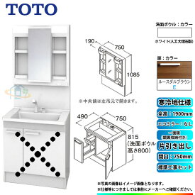 【楽天リフォーム認定商品】 [LDPB075BJGES2E+LMPB075A4GDG1G+KOJI] TOTO 洗面台セット 間口750 片引き出し 寒冷地 扉：ルースダルブラウン 一面鏡（鏡裏収納付き） H1900 エコミラーなし 標準工事付 工事費込み