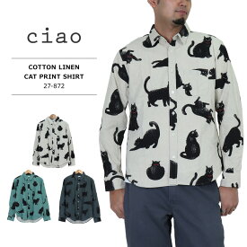 猫 シャツ ネコ柄 黒猫グッズ 長袖シャツ メンズ ciao シャツチャオ メンズ 綿麻 黒猫プリント 総柄 長袖シャツ メンズ　秋シャツ MENS COTTON LINEN CAT PRINT SHIRT 27-872 送料無料