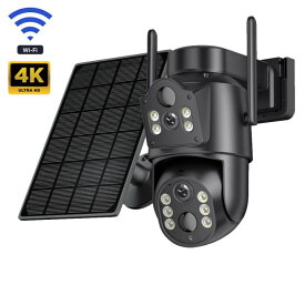 屋外防犯カメラ ワイヤレス WiFi対応 ソーラー給電 自動追跡 動作検知 デュアルレンズ 双600万画素 フルHD 防水防塵 夜間監視 スマホ連動 2画面表示 防犯カメラ 家庭用