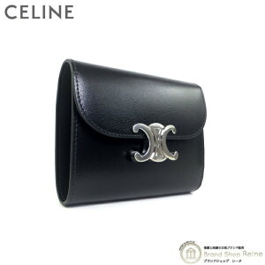 セリーヌ (CELINE) スモール フラップ ウォレット トリオンフ シャイニーカーフ コンパクト 三つ折り 財布 10D78 ブラック×SV金具【新品】
