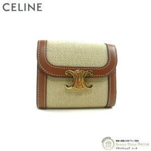 セリーヌ (CELINE) スモールフラップ ウォレット トリオンフ キャンバス コンパクト 三つ折り 財布 10D78 ナチュラル×タン【新品】