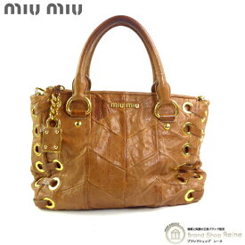 ミュウミュウ （MIUMIU） シェブロン カデナチャーム付き 編み込みレザー 2way ハンド ショルダー バッグ ライトブラウン×GO金具【中古】