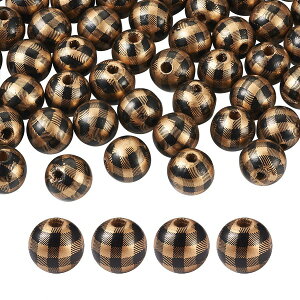 ●取寄品●カラーウッドビーズ タータンチェック柄(約50個) クラフト木製ビーズ 16mm