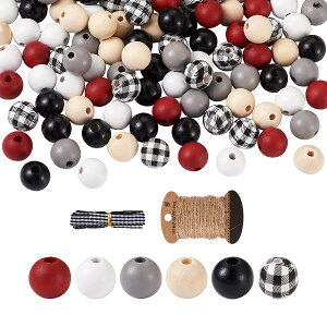 ●取寄品●ウッドビーズ いろいろ(ミックス約120個) リボンひも付き クラフト木製ビーズ 約16mm