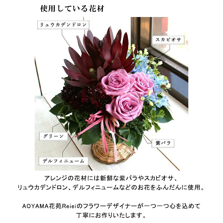 楽天市場 紫バラとスカビオサのモダンフラワーアレンジメント お祝い 花 誕生日 プレゼント 女性 母 祖母 義母 父 男性 開業祝い 開店祝い ギフト 結婚祝い 結婚記念日 妻 おしゃれ 生花 アレンジメント 古希 喜寿 祝い お誕生日 お花 ご希望によりメッセージカード付