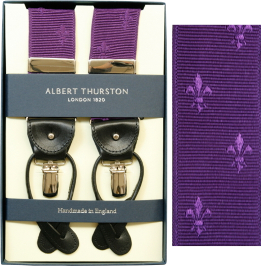 ALBERT THURSTON アルバートサーストン サスペンダー Y型 リボン（伸縮性なし） パープル 紫 クレスト柄 サーストン ブランド アルバート・サーストン ブレイシス ブレイシーズ 英国製 1267-PURPLE