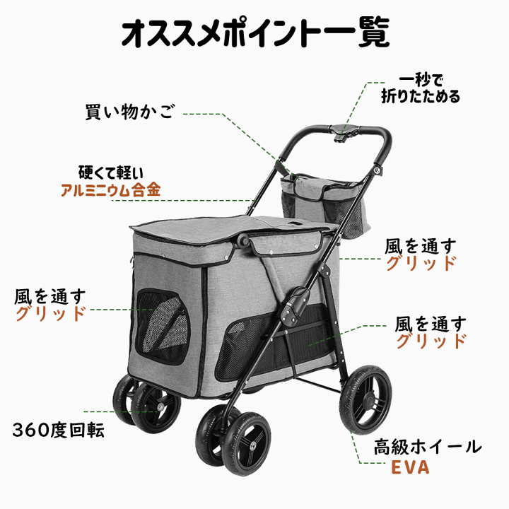 楽天市場】ペットカート 多頭用 折り畳み ワンタッチ式 4輪 大型