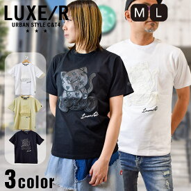 【LUXE/R】半袖合皮アップリケ猫Tシャツ