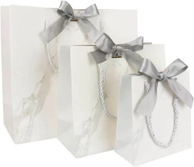 手提げ袋 ギフトバッグ 異なる3サイズ リボン付属 記念日 返礼品 サブバッグ マチ付き (ホワイト)