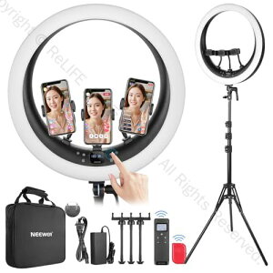 インチ LEDリングライト 女優ライト タッチパネル操作 2.4Gワイヤレス制御 三脚スタンド付き スマホ3台同時ホルダー iPhone対応 高出力45W 2540Lux/0.5m 高演色CRI97以上 3200K-5600K色温度 0-100%無段階調
