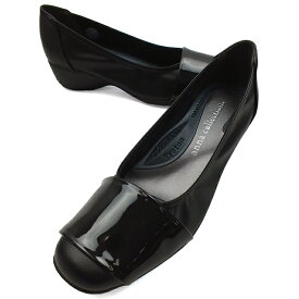 送料無料 ANNA COLLECTION アンナコレクション ラウンドトゥコンフォートパンプス ブラック 4.0cmミドルヒール レディース 靴 エナメル ウェッジソール 3E幅広設計