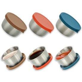 WIOOYIUU 3個入 ドレッシング容器 お弁当用 ソース入れ ステンレス製 40ml 密閉蓋付き サラダカップ サラダ用弁当箱対応 再利用可能 サラダ 弁当箱用調味料カップ 蓋は赤・青・茶の3色セットで