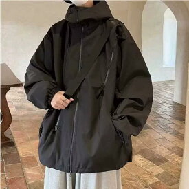 メンズ ジャケット フード付き 立襟 長袖 ワイドシルエット ジッパー 黒 緑 茶 コットン調 ポリエステル 防風 春 日常 軽量 伸縮性 サイドポケット 直裾 ノーアイロン 加工 ゆったり カジュアル 機能性 工装風 ミリタリー スタイル ティーン 向