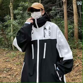 メンズ ジャケット フード付き 秋冬 ヒップホップ ストリート ワイドシルエット ジップアップ ミックスカラー ポリエステル混紡 刺繍 サイドポケット 長袖 直裾 ゆったり 通勤 普段使い 黒 灰 白 機能性 ワークウェア風 ユース