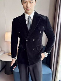 メンズ コート 秋冬 灯芯绒 西装 戗驳领 双排扣 外套 修身型 長袖 直下摆 側開衩 ボタン 袋蓋 黒 コーヒー 聚酯繊維 免烫 日常 青年 韓国風 純色 冬 暖かみ ビジネスカジュアル フォーマル 軽量 伸縮性